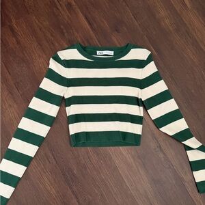 Zara Forest Green and Cream Striped Cropped Sweater